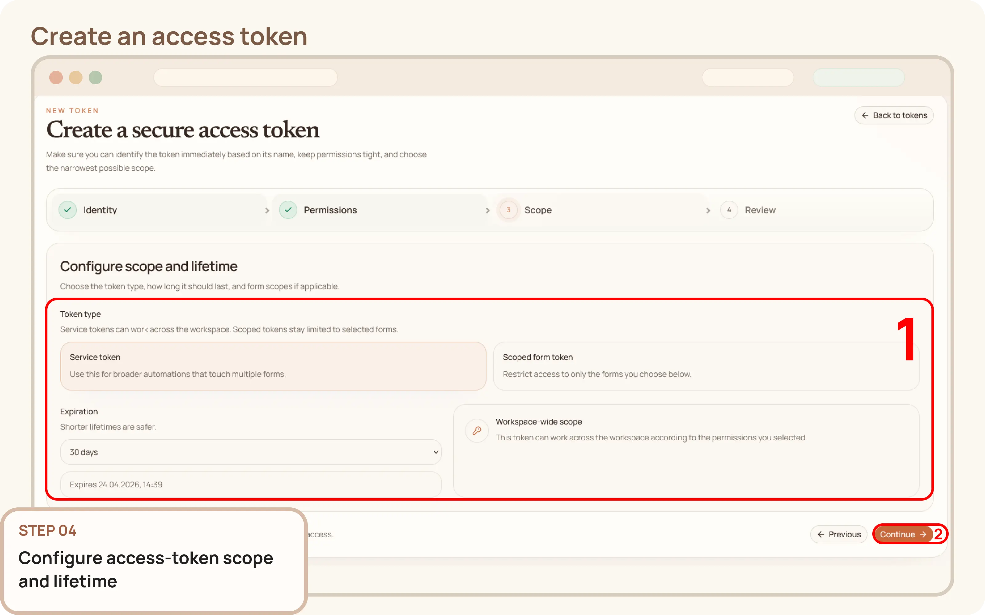 Create an access token: Configure scope and expiration