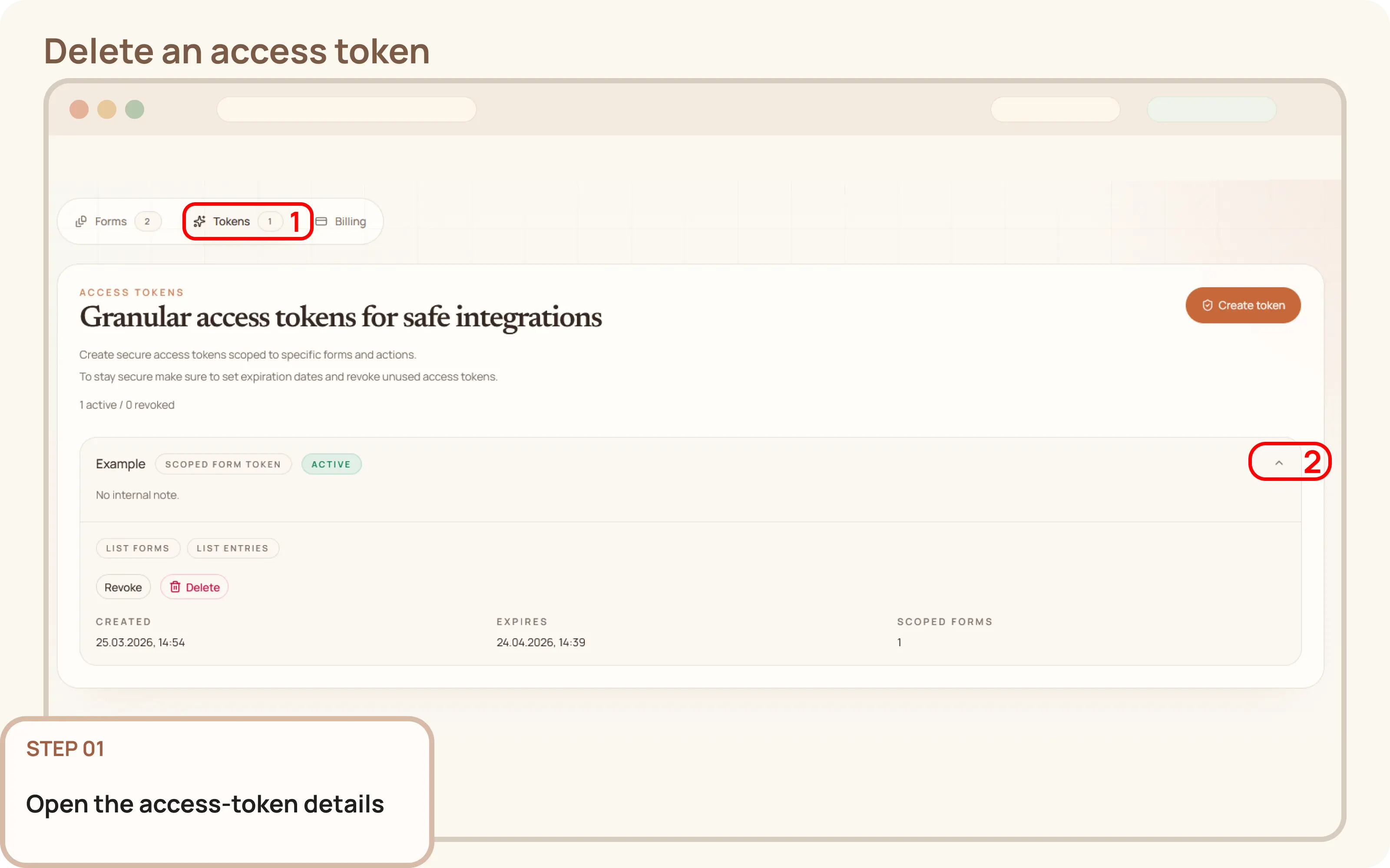 Delete an access token: Open the access-token details