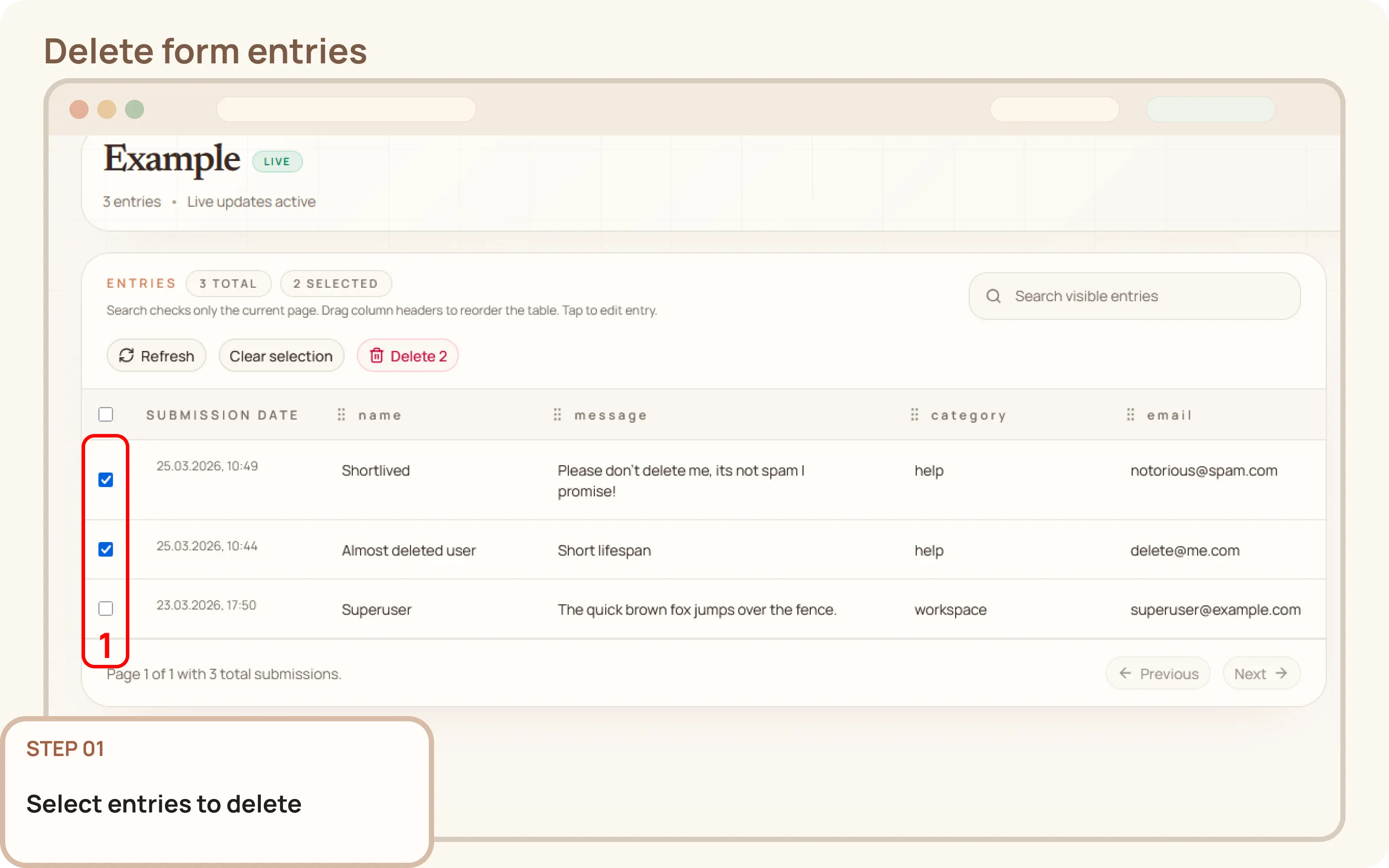 Delete form entries: Select entries to delete