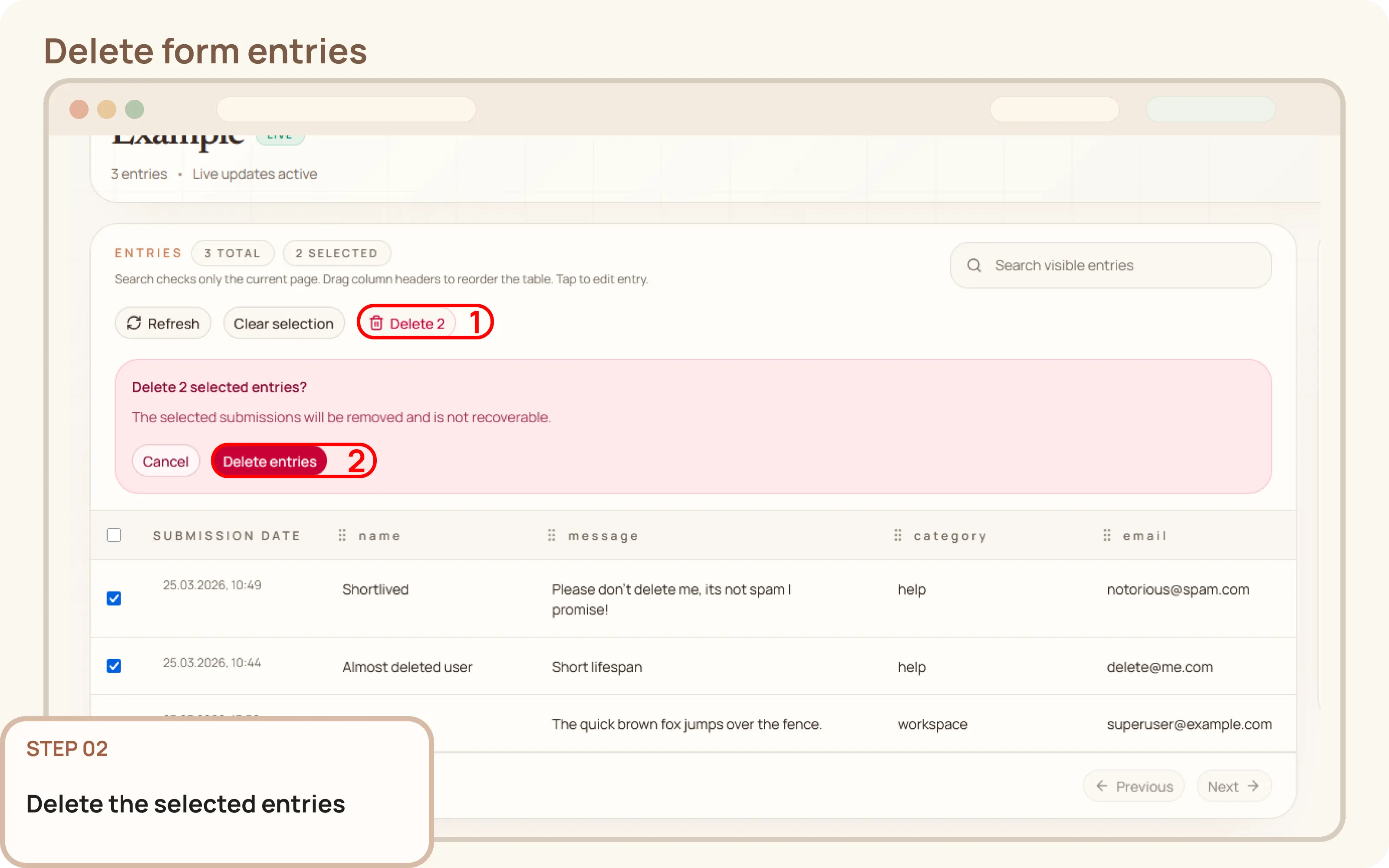 Delete form entries: Delete the selected entries