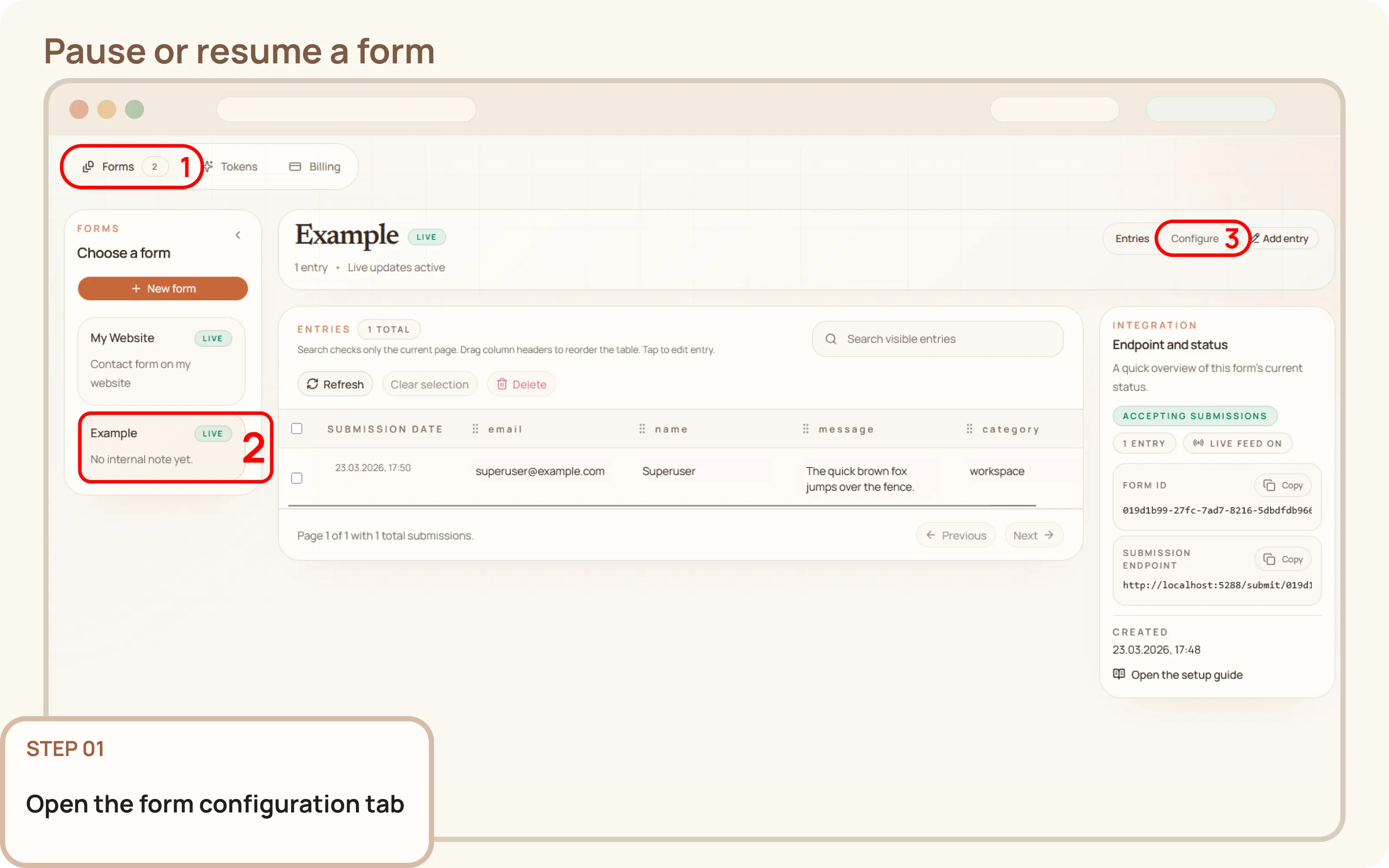Pause or resume a form: Open the form configuration tab