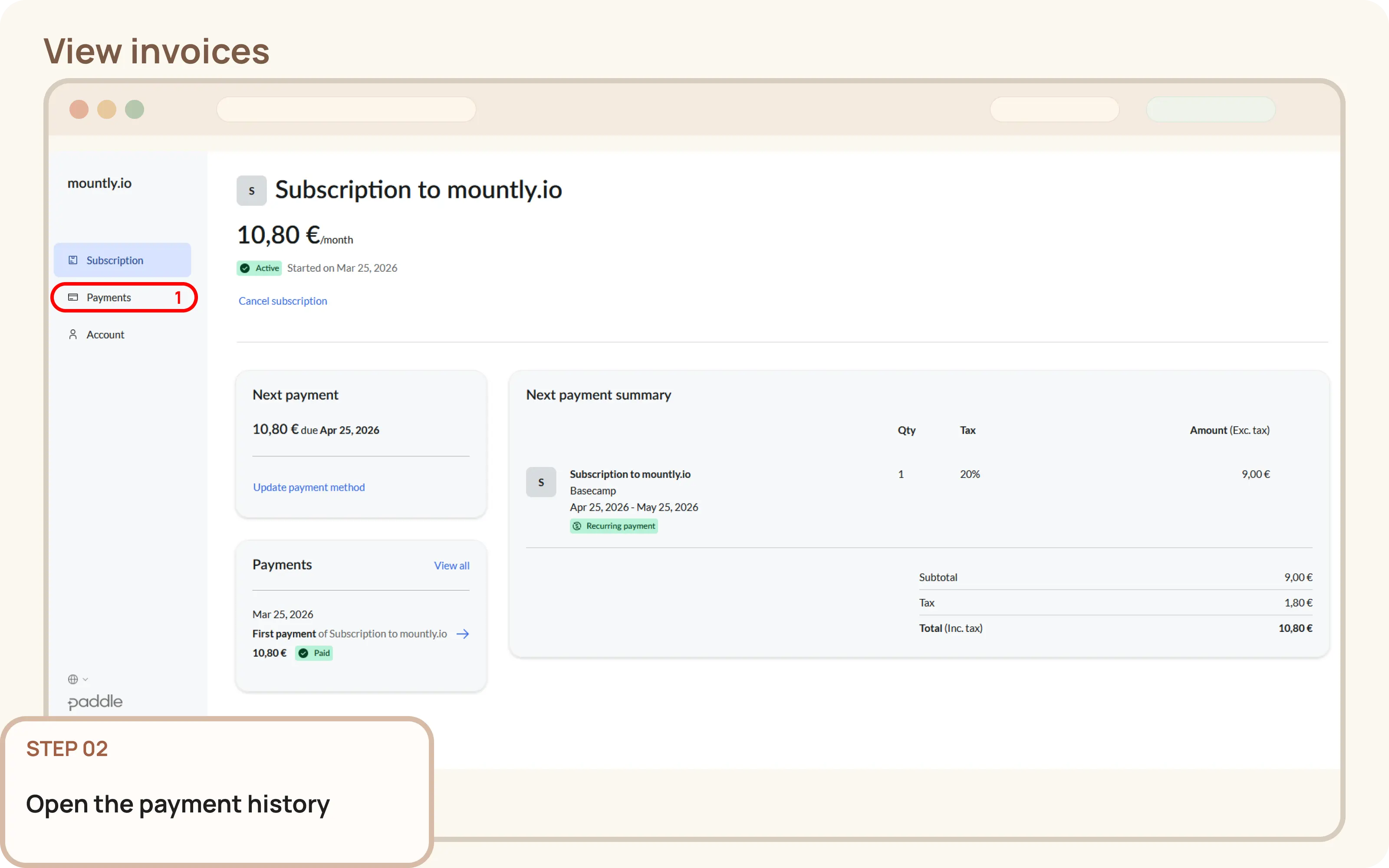 View invoices: Open the payment history